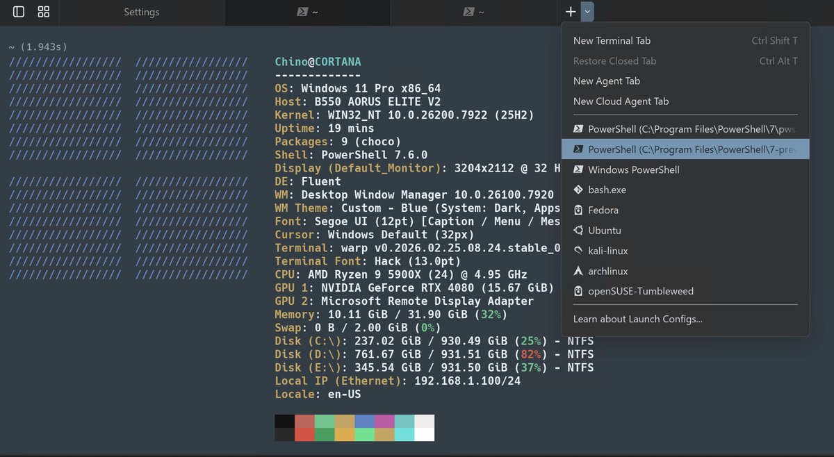 WarpSpeedDan's tweet photo. @theabhimanyu @warpdotdev After installing PWSH 7.6.0 Preview, you should be able to restart Warp and see the option in the dropdown. https://t.co/oFMfbI2fC0