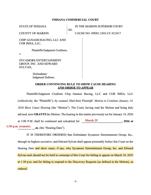 Segi_Lawsuits's tweet photo. This month!

Chip Ganassi Racing v Edward Sylvan &amp; $Segi Hearing

Hearing on Motion for Rule to Show Cause: 03/25/2026 1:30 P.M.
Default Judgment: Monetary Award
Judgment: $16,124,531.96
Case Number: 49D01-2303-CC-012417
Status:  Active
Awarded to: Chip Ganassi Racing, LLC, et al https://t.co/6KNEIo7a7F