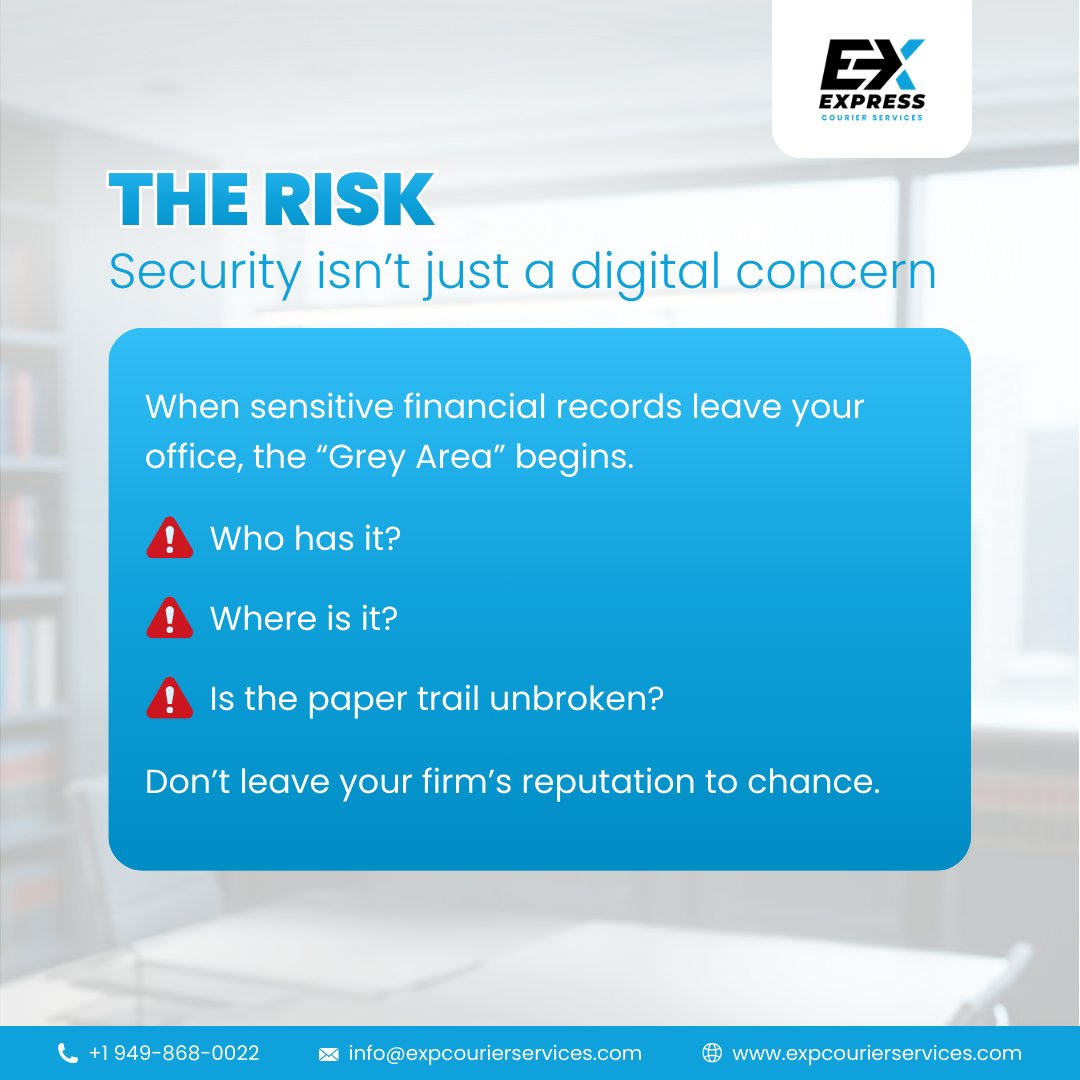 expcouriersrvcs's tweet image. Tax season is peaking! 📉 Deadlines are looming.

You can't email original ledgers or hard drives. You need a secure Chain of Custody.

🛡️ Documented delivery for CPAs &amp;amp; financial firms across CA.

Don't just send it. Secure it. 🔒
📞 949-868-0022

#TaxSeason2026 #SecureCourier