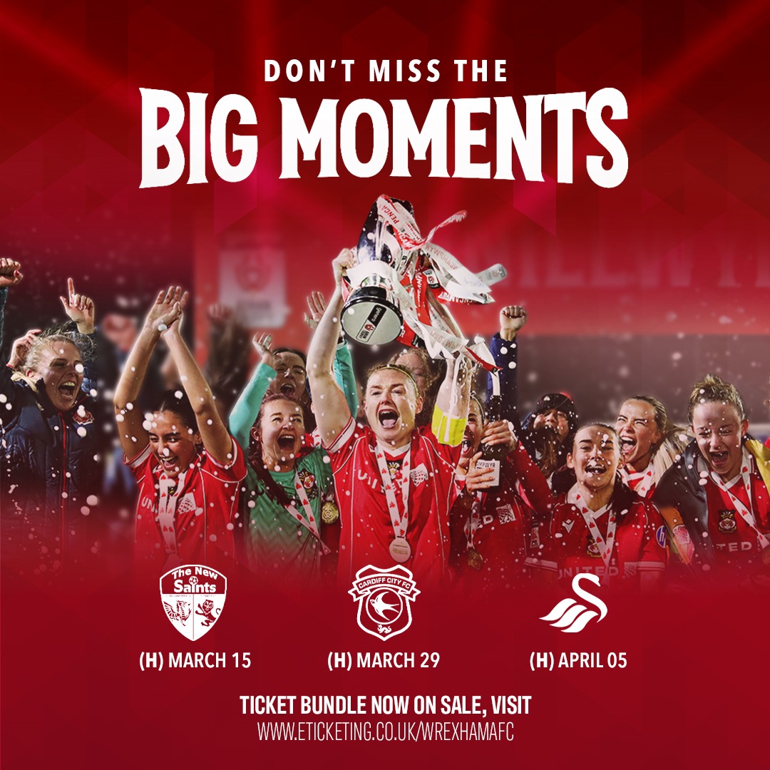 WrexhamAFCWomen's tweet photo. Don't miss the big moments 👊

Supporters can now purchase a three-match bundle for our remaining home fixtures at a special rate 🎟️

🔴⚪ #WxmAFC