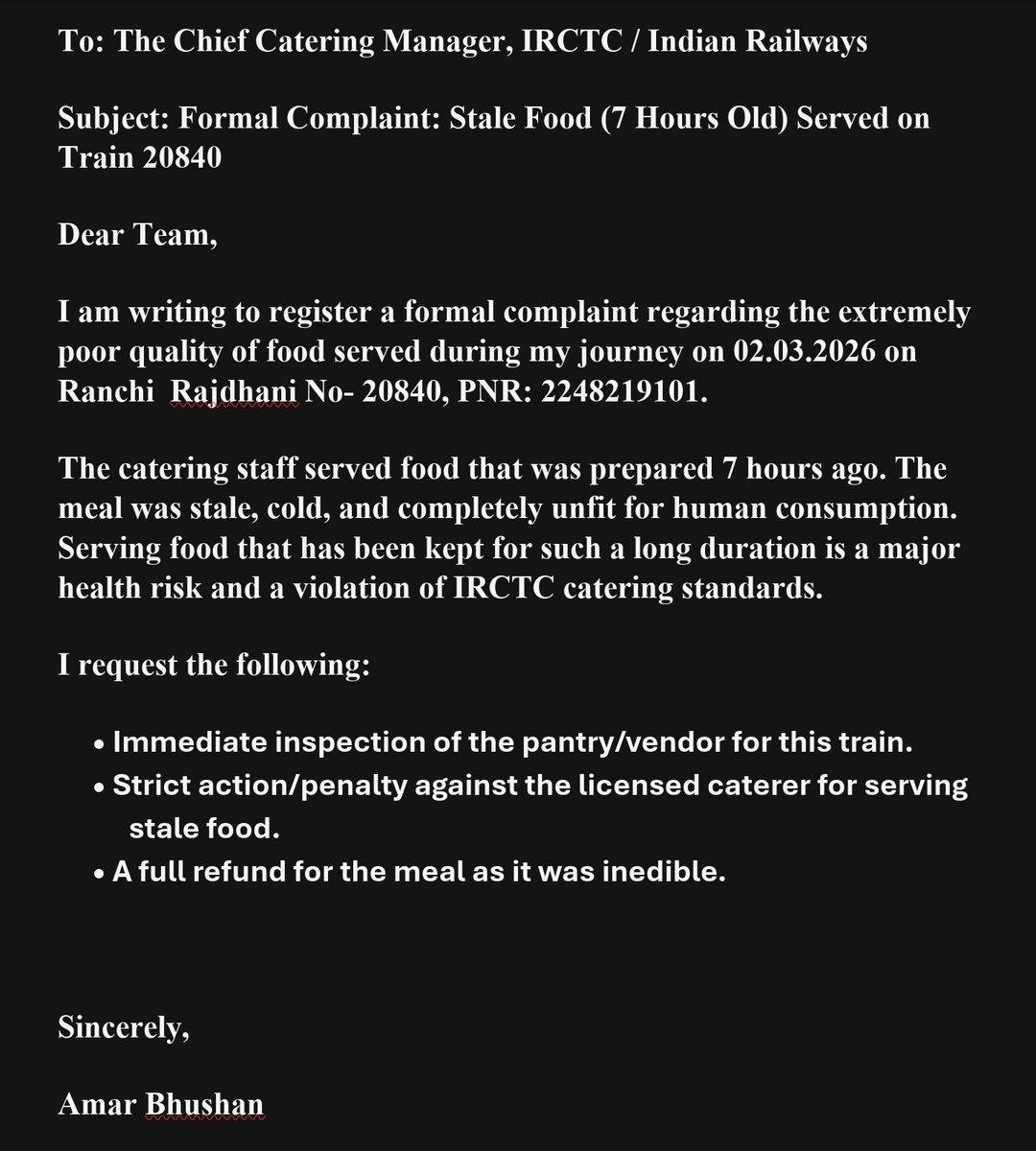socialsathi5's tweet photo. I am writing to bring to your immediate attention a very serious matter regarding the standard of catering services provided by RK group D-187, Okhla new delhi.  @IRCTCofficial @rkgroupofficial @RailMinIndia https://t.co/RTwCWjOimB