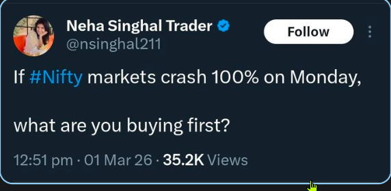 Retail traders really dream of "buying the dip" at zero. If the Nifty actually crashes 100%, fiat currency is just expensive toilet paper and the entire financial system has vaporized. 

I won't be analyzing order flow; I'll be securing my perimeter and digging the bunker. 

And
