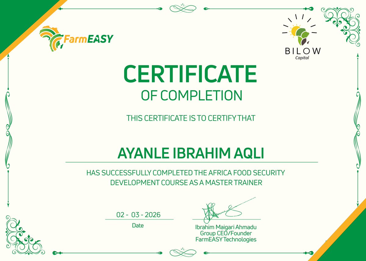 AyanleIbrahim99's tweet photo. 🎓🌍 Proud to announce that I have successfully graduated from the Training of Trainers (TOT) African Food Security Development Course!
Grateful for the knowledge, leadership skills, and practical tools gained to strengthen sustainable agriculture and food security in our commun https://t.co/lpRvewE9xB