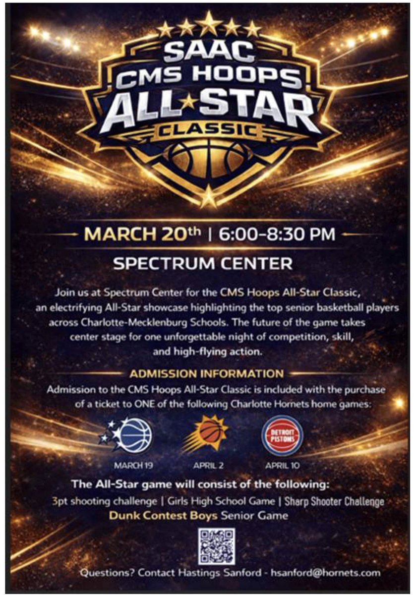 ConnorM_2026's tweet photo. Selected💫

Officially headed to the SAAC CMS Hoops All Star Classic at Spectrum Center on March 20th🏀

Sharpshooter Challenge participant. Senior All Star. Competing with the top seniors across Charlotte Mecklenburg Schools. https://t.co/eCirz3TXLb