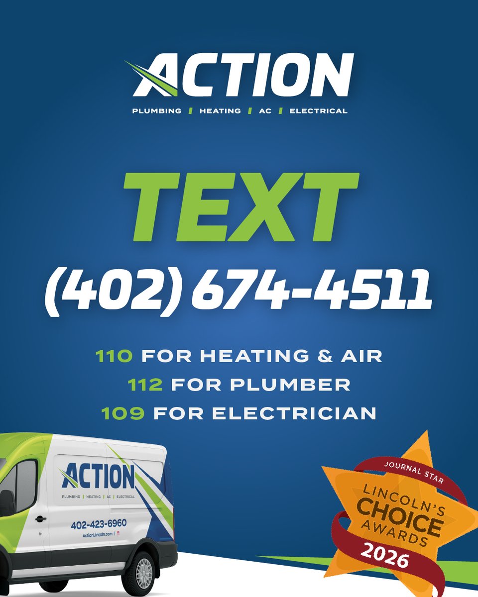 ACTION_Lincoln's tweet photo. We’re grateful to be nominated for Lincoln’s Choice Awards in Plumbing, HVAC, and Electrical Services! We would be honored to earn your vote.

Vote online: https://t.co/9XIIOBEMSJ

Text 402-674-4511 with:
🔹  110 for Heating &amp; Air
🔹  112 for Plumber 
🔹  109 for Electrician https://t.co/X8TqzOFFJu