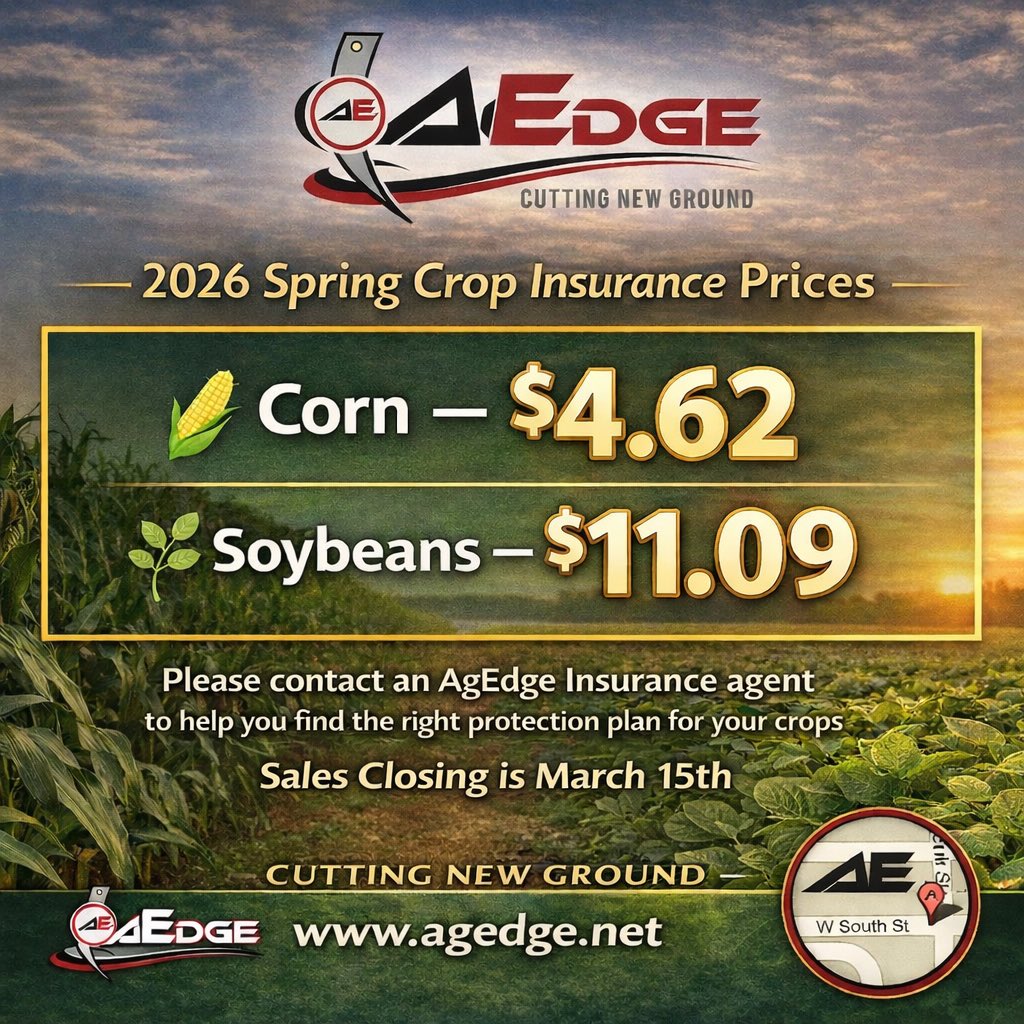 AgedgeInsurance's tweet photo. Spring prices for crop insurance have been set. Sales closing is March 15th. https://t.co/GsnlLuN0a6