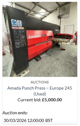 SSLaserSolution's tweet photo. 📢AUCTION ALERT - Amada Europe 245 Punch Press available from SSLS online shop via auction sale! You can register for the auction for free!

Used  Amada Europe 245 Punch Press in running condition
Max Tonnage: 200 kN
Max Stroke: 1290 mm
Voltage: 400V/50 Hz
Foreseen Power: 26 kW
Weight: 10000 kg 

https://t.co/m5vRr0B2kI 
#auction #amada #punch