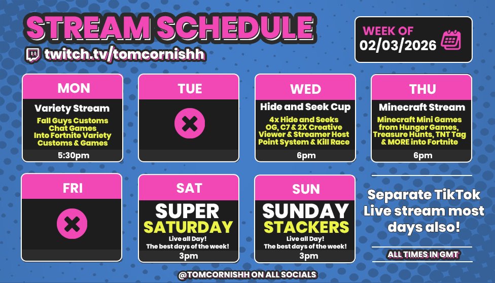 tomcornishh's tweet photo. NEW WEEK📅Check it out👇

🌽Variety Games &amp; Customs
🌳Community Hide and Seek Cup
⛏️ Minecraft Mini Game Stream
🏆 Super Saturday
📈Sunday Stackers

Plus separate streams most days on TikTok!🔴 https://t.co/ym2GuTfjeQ