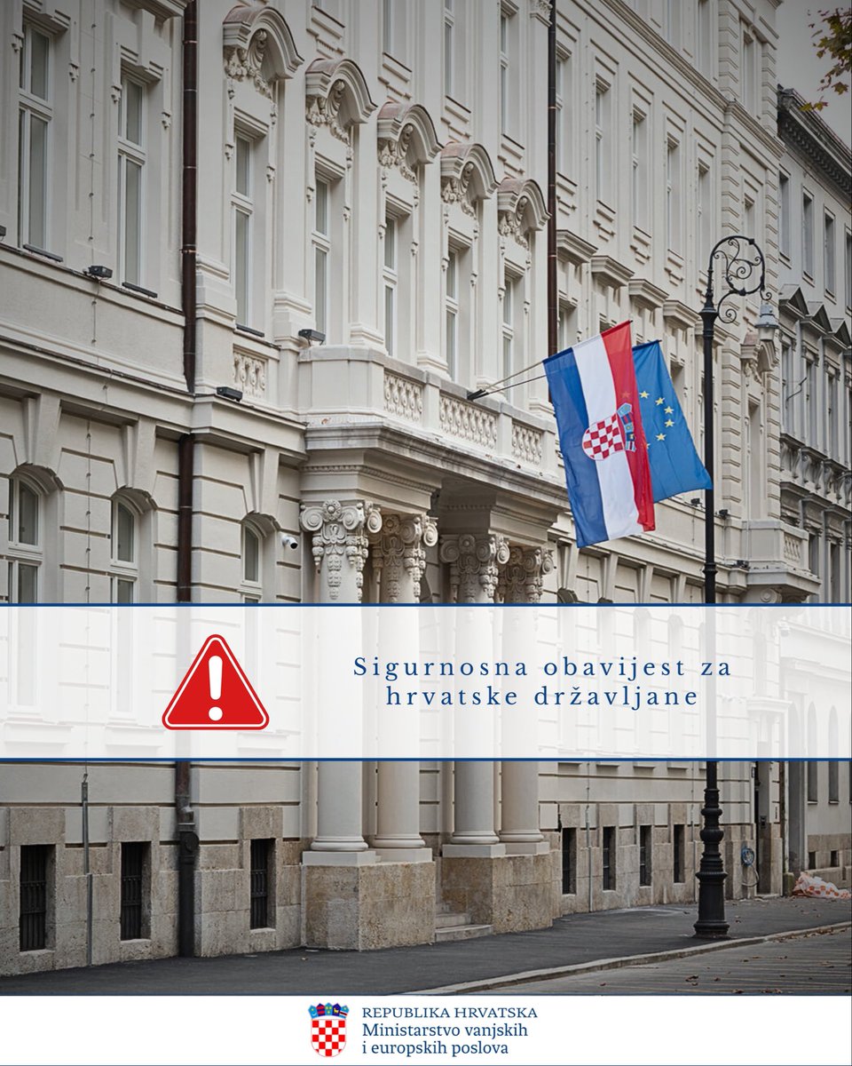 MFA_Croatia's tweet photo. ⚠️ Najnovije obavijesti za hrvatske državljane u Ujedinjenim Arapskim Emiratima 🇦🇪

Prema informacijama lokalnih vlasti, građani se mogu postupno vratiti uobičajenim aktivnostima, uz napomenu da je i dalje potreban povećan oprez i odgovorno postupanje radi vlastite sigurnosti. Iako se situacija postupno stabilizira, preporučuje se pozorno praćenje službenih objava te izbjegavanje nepotrebnih rizika. U slučaju prekida komunikacijskih veza potrebno je ostati na sigurnom mjestu i pričekati ponovnu uspostavu signala radi zaprimanja novih informacija.

Sukladno tada dostupnim informacijama, ranije se otvorila mogućnost odlaska iz UAE-a prema Sultanatu Omanu, što su pojedini hrvatski državljani i iskoristili.

Ističe se kako je u međuvremenu došlo do promjene situacije vezane uz zračni promet. Prema informacijama lokalnih vlasti, večeras, 2. ožujka, započinje ograničeno uspostavljanje zračnih operacija. Manji broj letova bit će dostupan s međunarodnih zračnih luka Dubai International i Dubai World Central, kao i iz Abu Dhabija, gdje su već zabilježena pojedina polijetanja.

U aktualnim okolnostima preporučuje se ostanak u UAE te se strogo savjetuje da se ne kreće prema zračnim lukama osim ako je putnik izravno kontaktiran od strane svoje aviokompanije s potvrđenim vremenom polaska i osiguranom zrakoplovnom kartom.

Naglašava se važnost kontinuiranog praćenja obavijesti zračnih prijevoznika o svim izmjenama u zračnom prostoru i redu letenja.

Pozivaju se svi hrvatski državljani koji se trenutno nalaze u UAE da svoje podatke dostave na adresu elektroničke pošte: registar.dubai@mvep.hr radi lakše komunikacije i pravodobnog informiranja.

Nadležno diplomatsko-konzularno predstavništvo je Generalni konzulat Republike Hrvatske u Dubaiju, koji pomno prati razvoj situacije i stoji na raspolaganju hrvatskim državljanima:

📞 Dežurni telefon (hitni slučajevi): +971 50 905 5980
📞 Telefon: +971 4 701 8300
📠 Fax: +971 4 701 8319
📍 Emaar Square, Building 1, Office Unit 506, 5th Floor, Downtown, Dubai
✉️ croconsulate.dubai@mvep.hr

Ministarstvo vanjskih i europskih poslova Republike Hrvatske nastavlja pomno pratiti razvoj situacije te će o svim novim okolnostima pravodobno obavještavati javnost.