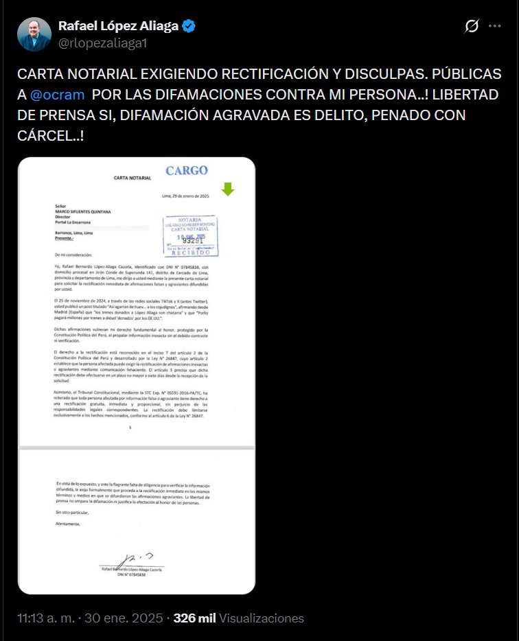 Esta es la carta que Rafael López Aliaga le envió a <a href="/ocram/"> Marco Sifuentes 🚀</a> advirtiéndole que lo metería preso y que hoy en "Calateo Electoral" dijo que no recuerda haber enviado.
¿López Aliaga ni siquiera recuerda las cartas notariales que firma? ¿Así piensa gobernar el país?