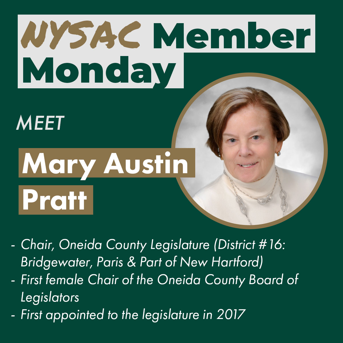 NYSCounties's tweet image. This #MemberMonday, we’re recognizing Mary Austin Pratt, Chair of the Oneida County Legislature and the first woman to serve in this leadership role in the county’s history.

Appointed to the Legislature in 2017 by County Executive @AJPicenteJr, Mary stepped into public service