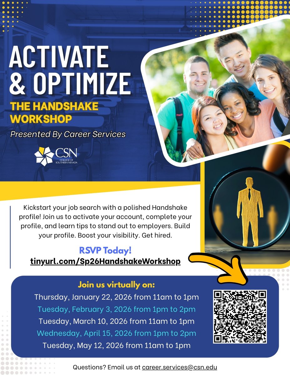 CSNCareerServ's tweet image. In this virtual workshop, you’ll learn how to activate your account, complete your profile, and optimize it so you can stand out to employers.

Next session:Mar 10th, 2026@1pm-2pm
👉RSVP now ortinyurl.com/Sp26HandshakeW…

#handshake #sparkawards #careerservices #workshop #Opportunities