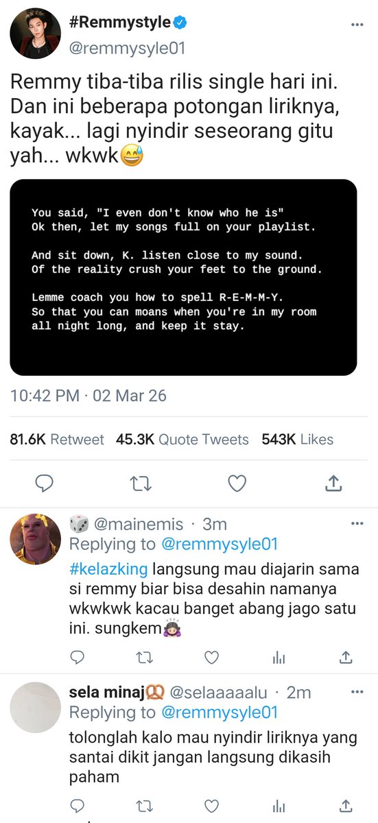 iamgrootdaily's tweet photo. – lemme coaching you. 

Kalee si artis yang suka tantangan, malah ketemu sama Remmy si rapper yang paling gak suka ditantangin. 

ryulyul / rulnyul one tweet au. https://t.co/dv49nrcIeB