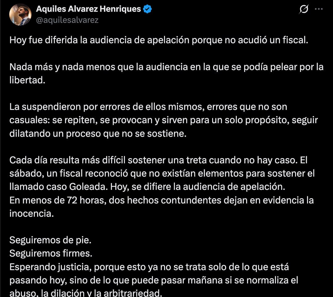 ‼️#URGENTE
Aquiles Alvarez, alcalde de Guayaquil, informó que la audiencia de apelación fue diferida por la inasistencia de un fiscal. Señaló que se trataba de una diligencia clave para discutir su libertad y sostuvo que existen errores reiterados que dilatan el proceso. Además,