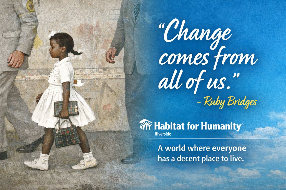 HFHRiverside's tweet image. During #WomensHistoryMonth, we honor Ruby Bridges, whose courage at age six helped change history.
Her words, “Change comes from all of us,” remind us that together we can build a world where everyone has a decent place to live. 🏡
#HabitatForHumanity #BuildTogether