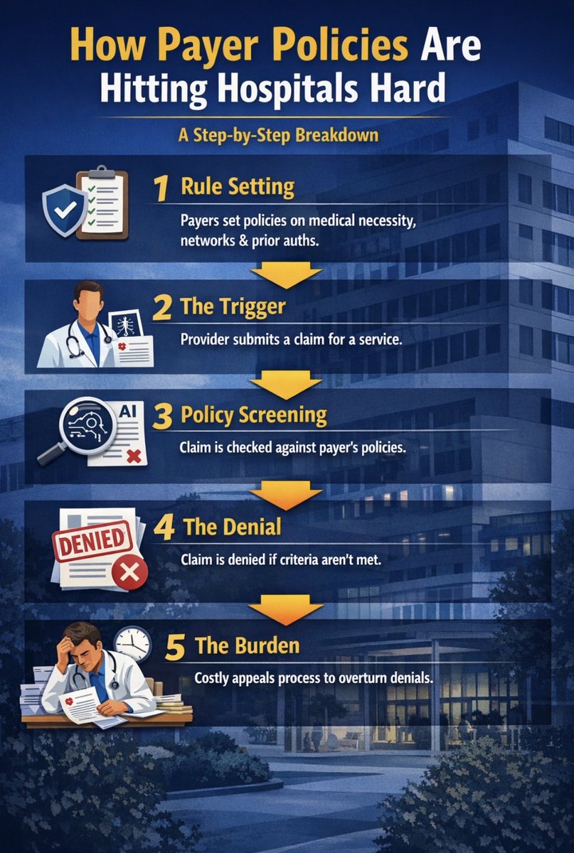 ParathonByJDA's tweet photo. Nearly 1 in 4 hospital claims are denied on first submission, and policy-related issues are among the top drivers.

Here’s the exact step-by-step chain reaction. https://t.co/DMaSjUiJhi
