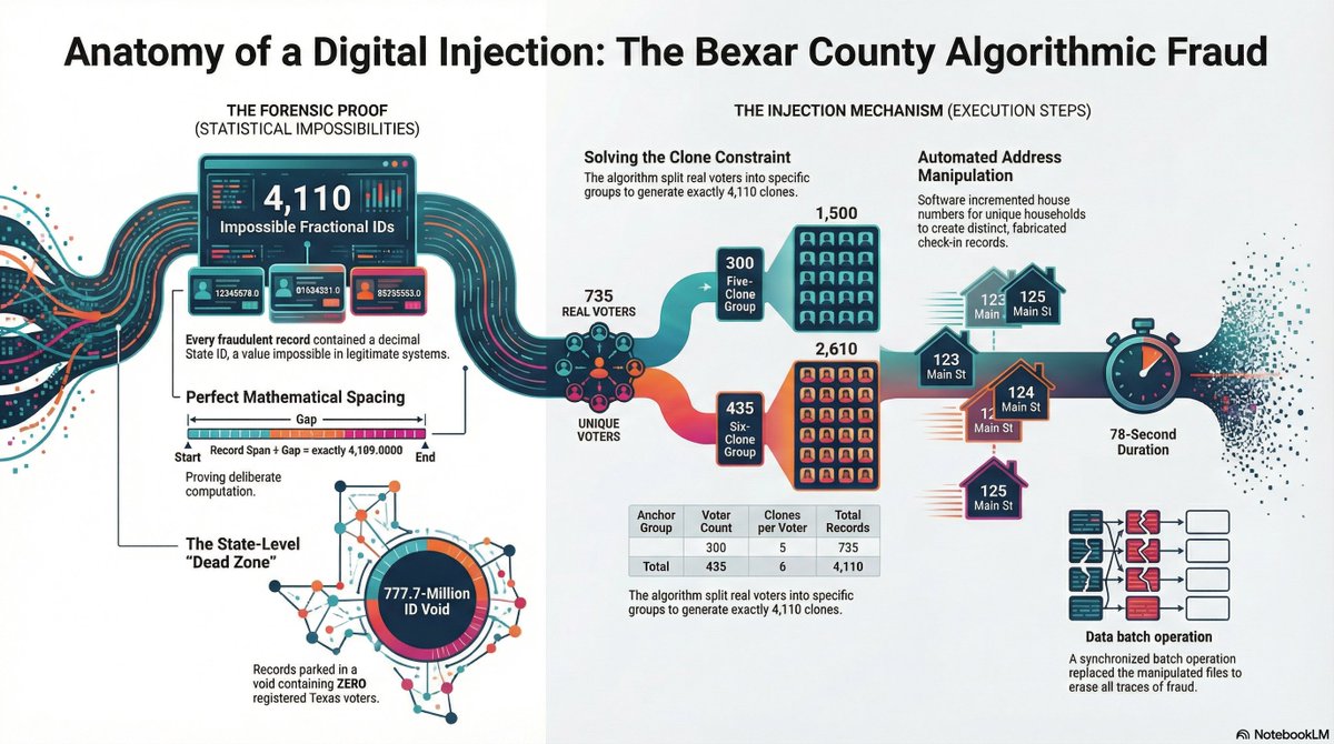 TX Election Fraud:  The Bexar County Algorithm

Detailed forensic analysis of the Bexar County, Texas Republican primary early voting records from February 18, 2026, reveals a sophisticated, multi-module algorithmic injection of 4,110 synthetic voter records. These records were