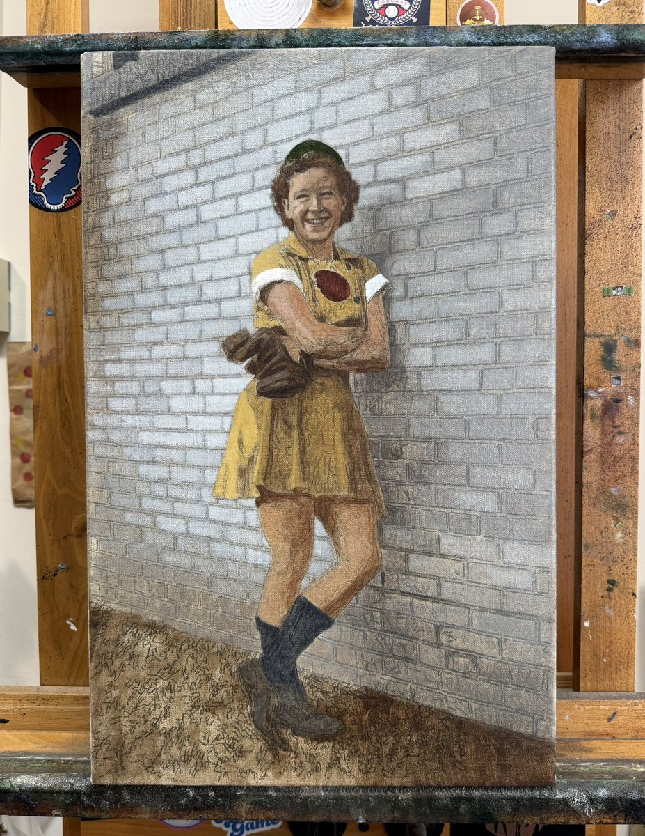 A first pass on this Dorothy “Snookie” Harrell painting, one of the best shortstops in the history of the Rockford Peaches.