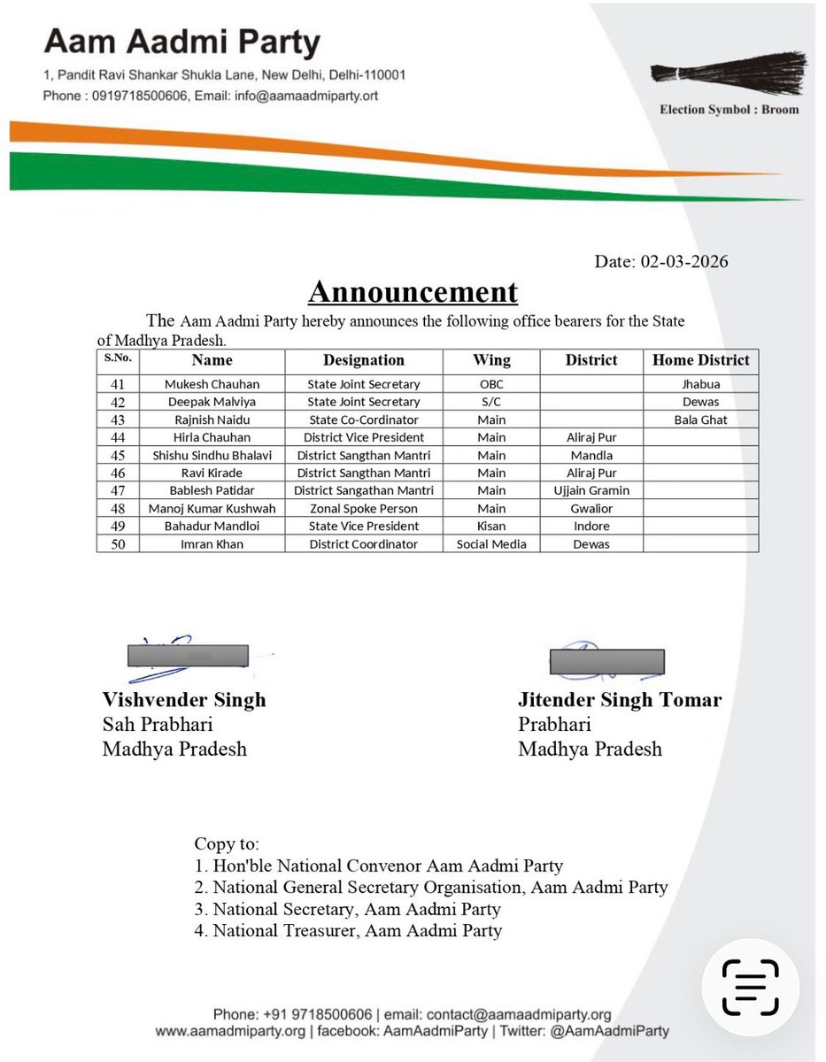 Announcement💫💫💫

प्रदेश प्रभारी माननीय <a href="/JSTomarAAP/">Jitender Singh Tomar</a>  जी ने AAP मध्यप्रदेश की 50 सदस्यों की प्रदेश एवं जिला कार्यकारिणी की घोषित।

 सभी नवनियुक्त पदाधिकारियों को हार्दिक बधाई।

🌺🌺🌺🌺🌺🌺🌺🌺🌺🌺🌺🌺🌺🌺

#AAPforMP 
<a href="/ArvindKejriwal/">Arvind Kejriwal</a> <a href="/AamAadmiParty/">AAP</a>