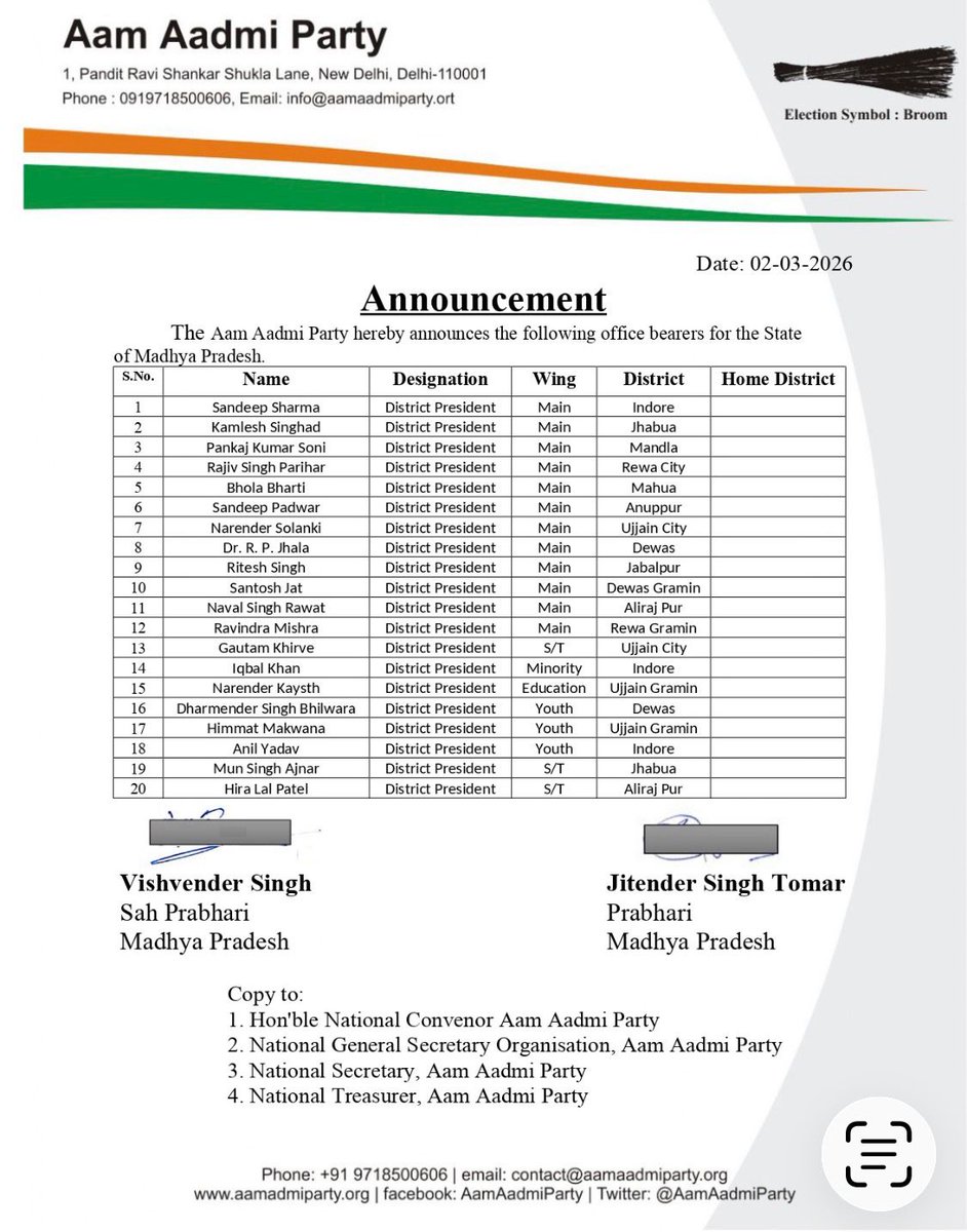 AAPNeemuch's tweet photo. Announcement💫💫💫

प्रदेश प्रभारी माननीय @JSTomarAAP  जी ने AAP मध्यप्रदेश की 50 सदस्यों की प्रदेश एवं जिला कार्यकारिणी की घोषित।

 सभी नवनियुक्त पदाधिकारियों को हार्दिक बधाई।

🌺🌺🌺🌺🌺🌺🌺🌺🌺🌺🌺🌺🌺🌺

#AAPforMP 
@ArvindKejriwal @AamAadmiParty https://t.co/xh3x2849vQ