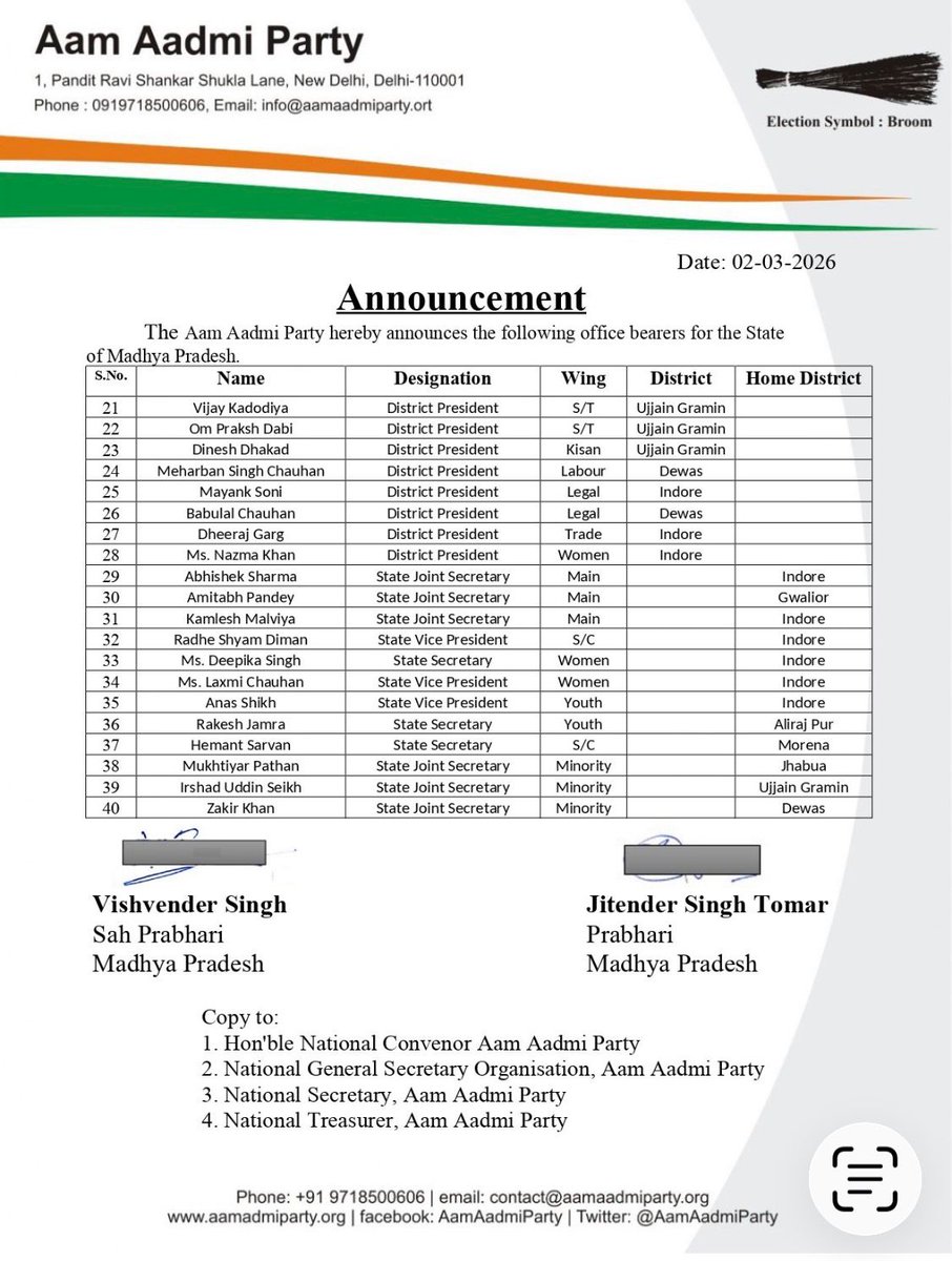 AAPNeemuch's tweet photo. Announcement💫💫💫

प्रदेश प्रभारी माननीय @JSTomarAAP  जी ने AAP मध्यप्रदेश की 50 सदस्यों की प्रदेश एवं जिला कार्यकारिणी की घोषित।

 सभी नवनियुक्त पदाधिकारियों को हार्दिक बधाई।

🌺🌺🌺🌺🌺🌺🌺🌺🌺🌺🌺🌺🌺🌺

#AAPforMP 
@ArvindKejriwal @AamAadmiParty https://t.co/xh3x2849vQ