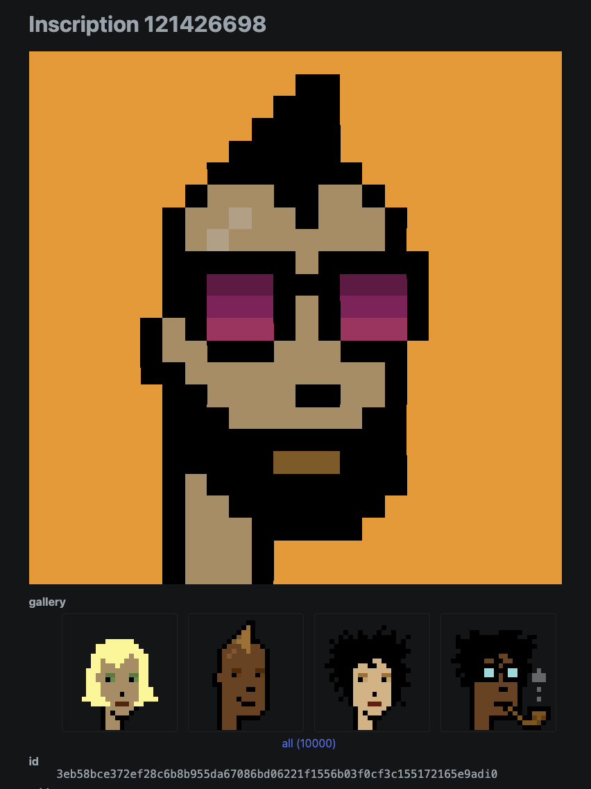 🔥 BREAKING 🔥

Bitcoin Punks have been inscribed as 10k gallery in ord, bringing the entire collection and attributes on-chain now and forever! 

The gallery inscription has been BURNED to 1BitcoinPunksDotComxxxxxxxy1PaegN 👇