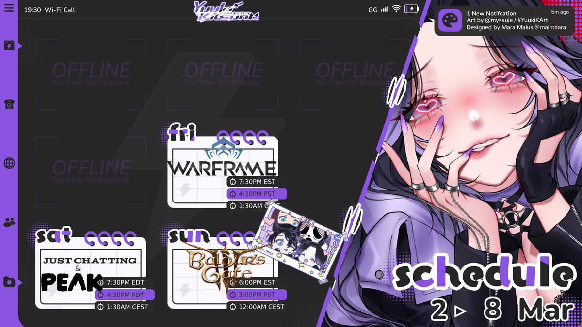 YuukiKitsune's tweet image. ⊱✧⊰⛓️𝓢𝓽𝓻𝓮𝓪𝓶 𝓢𝓬𝓱𝓮𝓭𝓾𝓵𝓮🗡️⊱✧⊰
~Schedule for Mar 2nd - Mar 8th~
It's a weird week as I'm traveling for work for the most of the week. I'll be back at it again on Friday and can't wait to hang with you all~ 

See 🧵 below for credits!
#vtuber #envtuber #schedule