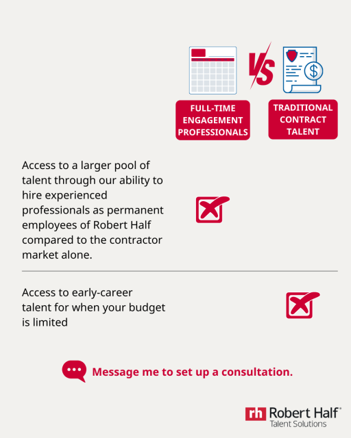 Thinking about hiring contract talent for one or hundreds of positions? At #RobertHalf, we unique solutions to meet your hiring needs. DM me to set up a time to go through our contract talent solutions. #ContractTalent #FullTime #ProjectWork bit.ly/3MAUZiY