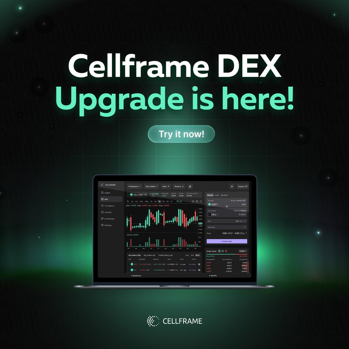 💫 Great news! We've completed a major overhaul of Cellframe DEX, a project we've been working on since last fall. The changes affect everything: from the backend to the user interface. We've completely reimagined the architecture and logic of our decentralized exchange and