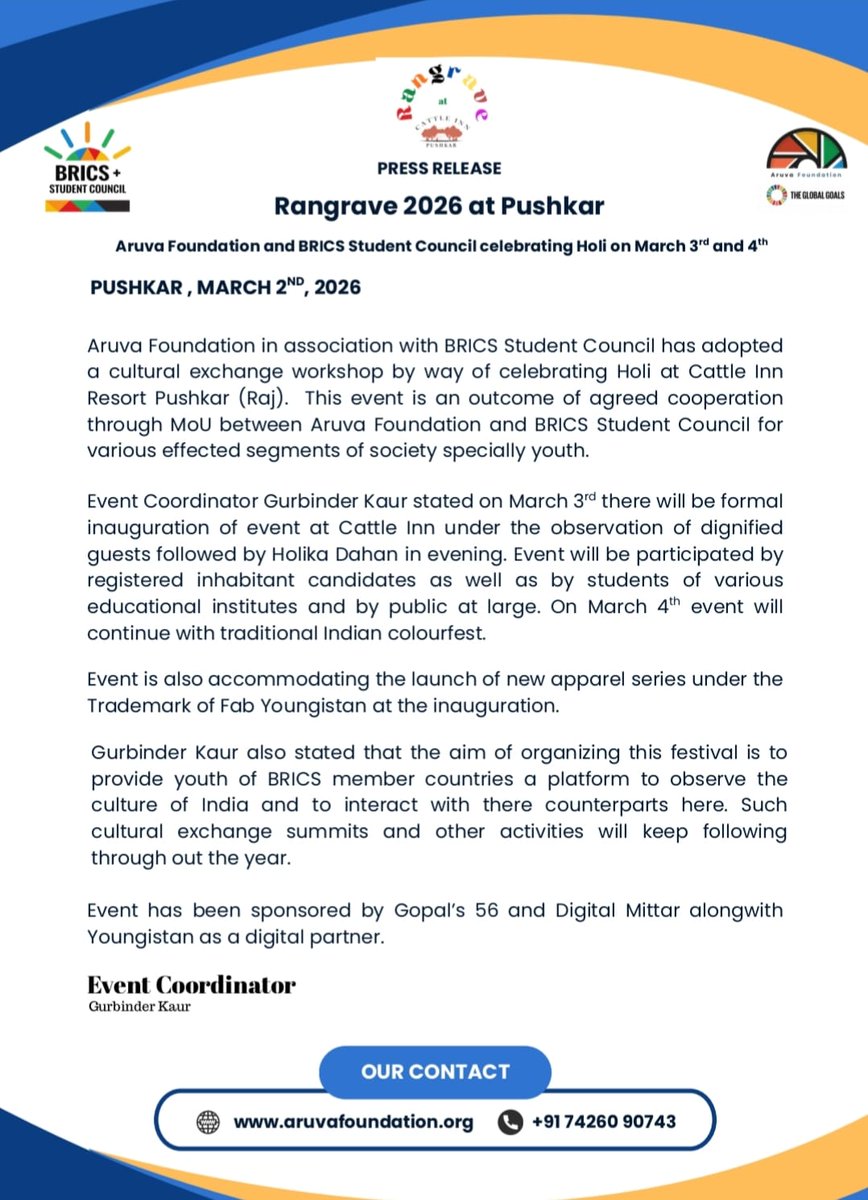 Press Release 
Rangrave 2026 at Pushkar with Aruva Foundation and BRICSSC.
<a href="/UN/">United Nations</a> <a href="/UNESCO/">UNESCO 🏛️ #Education #Sciences #Culture 🇺🇳</a> <a href="/GlobalGoalsUN/">Global Goals</a> <a href="/YASMinistry/">YAS Ministry</a>
#Holi2026 #UN #YouthEmpowerment