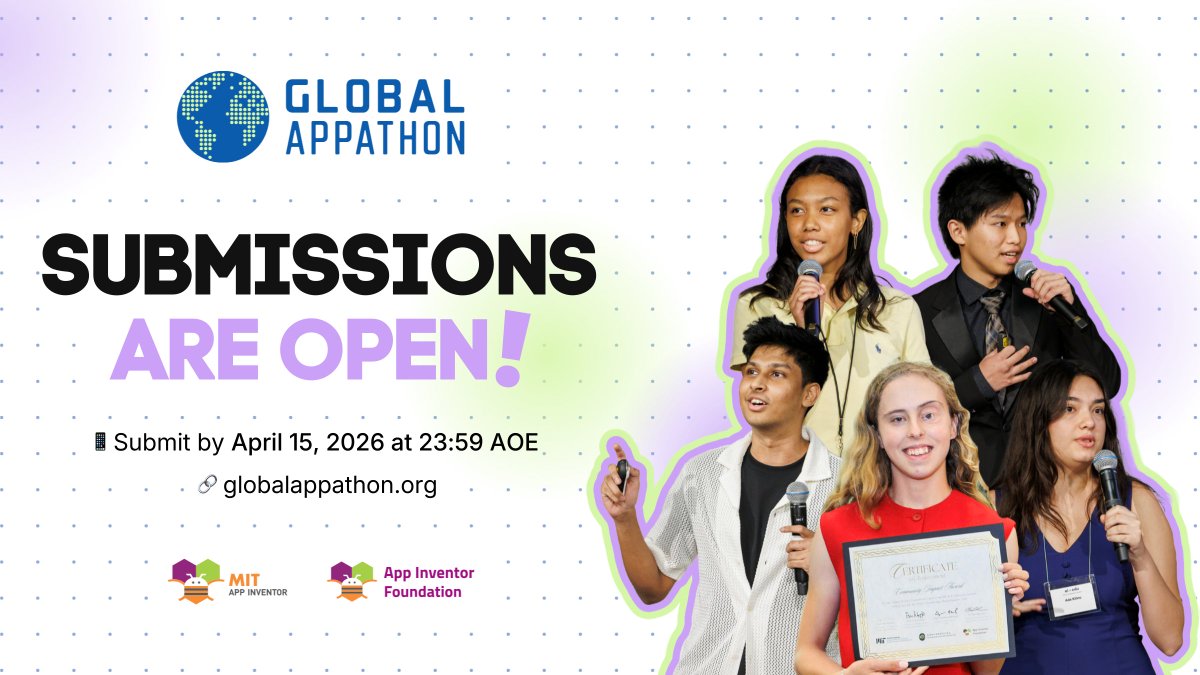MITAppInventor's tweet image. 📢 Submissions are OPEN for the #GlobalAppathon! 

The Global Appathon is a free, virtual hackathon hosted by the #AppInventorFoundation and #MITAppInventor that encourages people around the world to build mobile apps for a cause. 📱🌎

🔗 aif.to/ga-2026-reg-sub
