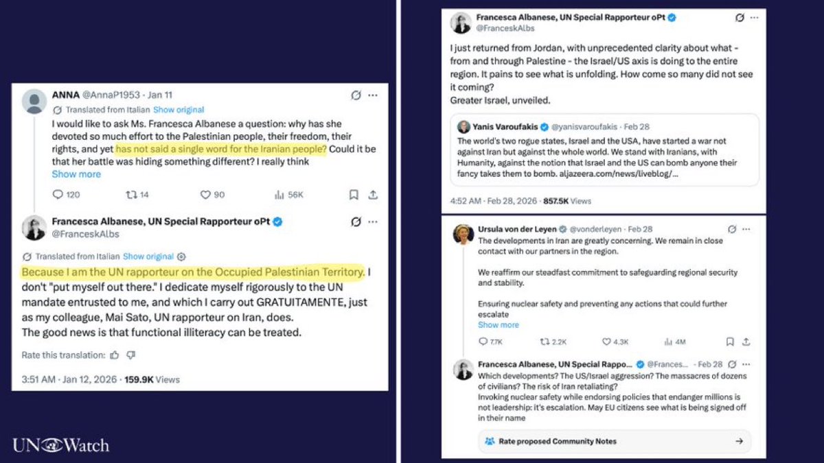 12 janv. : La rapporteuse spéciale des Nations Unies, Francesca Albanese, déclare qu’elle reste silencieuse sur le massacre de manifestants iraniens parce que l’Iran ne relève pas de son mandat sur les territoires palestiniens, auquel elle est « rigoureusement dédiée ».

28 fév.