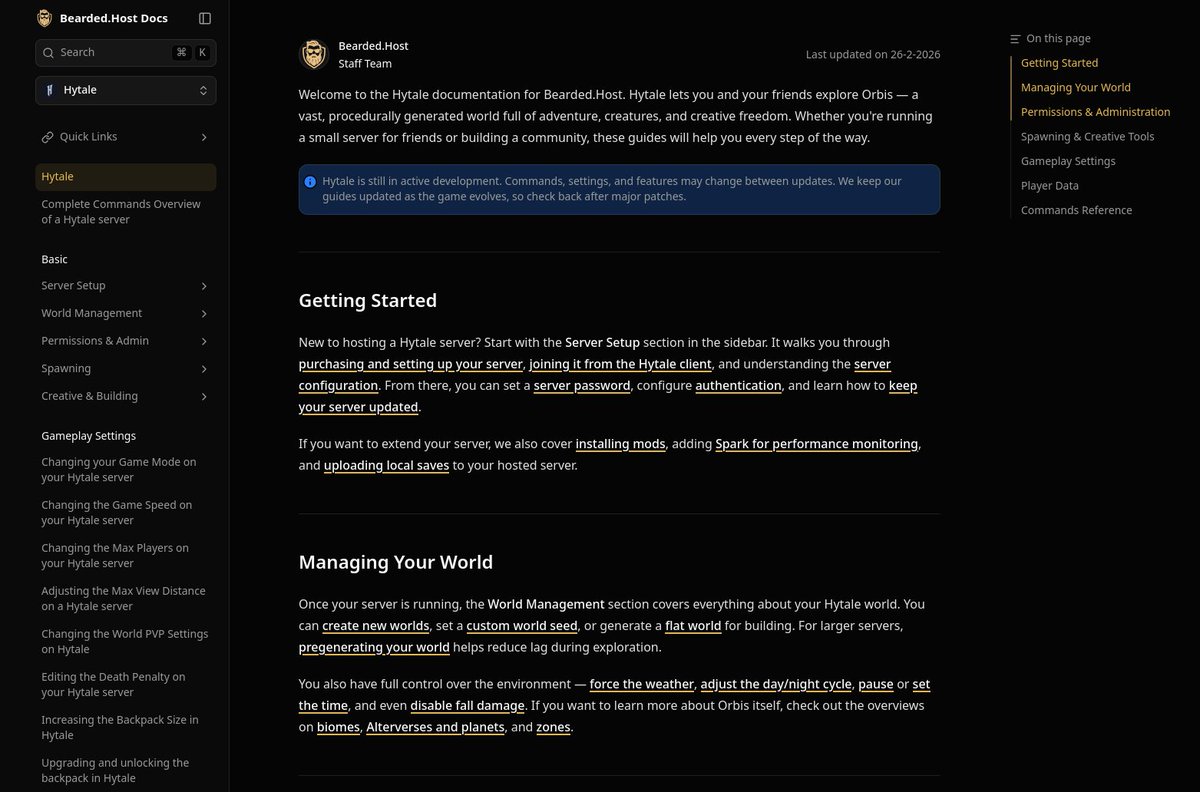 Here at bearded.host, we seek not only to be your trusted server host, but we also want to give you the tools you need to become an expert.

So, I am proud to show you our official documentation page! Visit docs.bearded.host for all of our in-depth server guides!