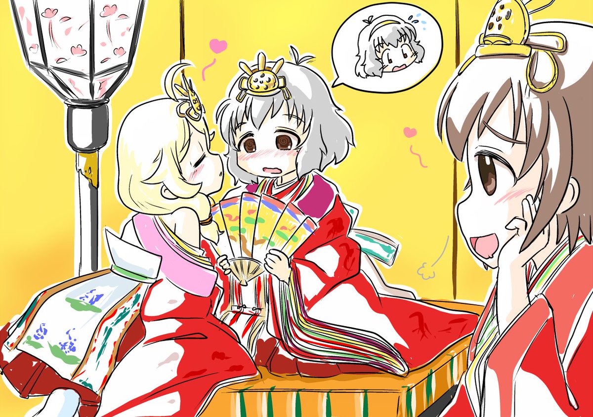 おーひなさーまとおひなさま～♪
と おひなさま～♪
「ん～♡」
「わわわっ、日菜子さん見てないで助けてー >< 」
「こういうのもまた新鮮でとても捗りますねぇ むっふぅ」 
#毎月4日はゆめすこの日