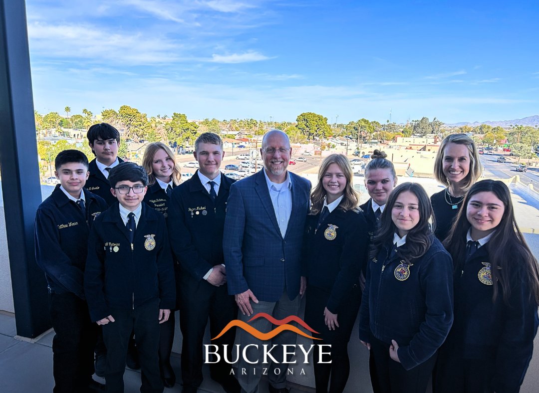 MayorofBuckeye's tweet photo. Mayor Orsborn was honored to welcome Buckeye Union High School FFA students to City Hall as they prepare for their Red, White and Blue Jacket Leadership Experience in Washington, D.C.

During their visit, students shared how FFA is helping them develop leadership skills, strengthen civic engagement, and prepare to serve their communities. It was a great conversation about public service, responsibility, and the importance of getting involved at every level, from local government to our nation’s capital.

A special thank you to FFA Advisor Kelli Wilson for coordinating the visit and for the incredible work she does supporting these young leaders.

As we celebrate National FFA Week, we’re proud of the role agriculture and leadership development continue to play in shaping Buckeye’s future. 

Good luck in Washington, D.C. — Buckeye is cheering you on!

#NationalFFAWeek #BuckeyeAZ #OneBuckeye #FutureLeaders #FFA