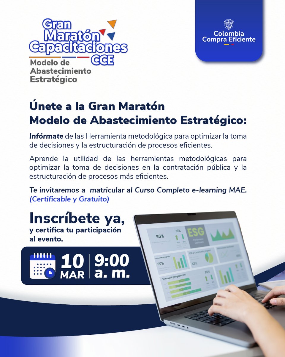 Optimiza la toma de decisiones en contratación pública y aprende sobre estructuración de procesos más eficientes en la Gran Maratón Modelo de Abastecimiento Estratégico.

Ingresa aquí y certifica tu participación al evento: bit.ly/4rKj6Lb
