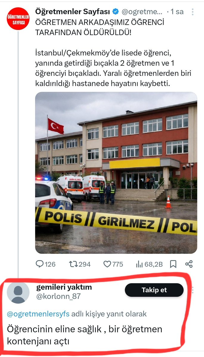 Nazende2011's tweet photo. Bu ögrenciler neyin kafasını yasıyor?
Bugün Borsa İstanbul MTA Lisesinde 11.sınıftan bir ögrenci(F.S.B) 2 öğretmen ve 1 öğrenciyi bıçaklayor ve  yaralı öğretmenlerden Fatma Nur Çelik hayatını kaybediyor

Haberi paylasan sayfalardan birinin altına yapılan yoruma bakin
@TC_icisleri https://t.co/9FaWxEeDy7