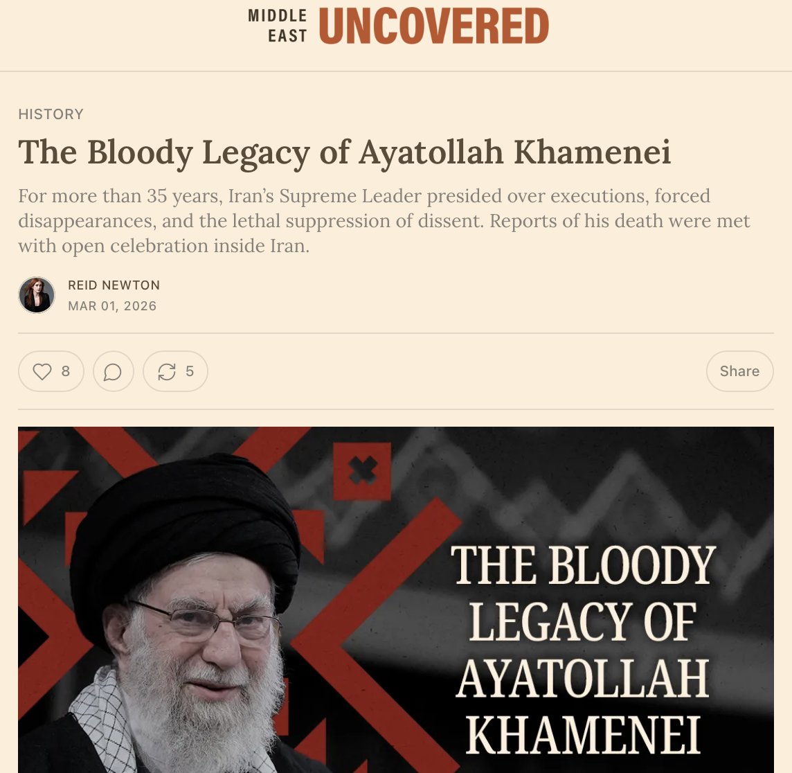 MsMelChen's tweet photo. The one obituary of Ayatollah Khamenei you should read.

No whitewashing. No excuses. 

Unlike some of the legacy media who cannot help but indulge in reflexive sanitization of dictators who positioned themselves as anti-Western "resistance figures."

The glow-ups by the FT, NYT and WaPo are brazen:

> FT called him an avant-garde cleric
> WaPo highlighted his "easy smile," love of Persian poetry, and personal "aura" 
> NYT elevated him as a transformative leader

This approach is wrong on its merits because it fails basic moral accounting. Khamenei's legacy, per the unvarnished record, is nothing short of evil. 

By contrast, this obituary written by @jreidnewton, rightly centers on the human cost. She writes how Ayatollah Khamenei will be "remembered by unmarked graves, economic devastation, prison cells, public executions, and a generation that went unheard." 

Please subscribe and read Middle East Uncovered⬇️

https://t.co/L1ufNt10gR