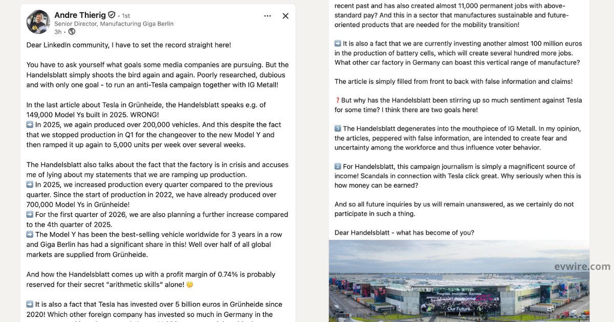 Here's André Thierig (<a href="/AndrThie/">André Thierig</a>), Tesla Giga Berlin head, firing back with facts at the misreporting from Handelsblatt.

The German media site has turned into a mouthpiece of IG Metall, the one trying to unionize Giga Berlin.

"Dear Handelsblatt - what has become of you?"