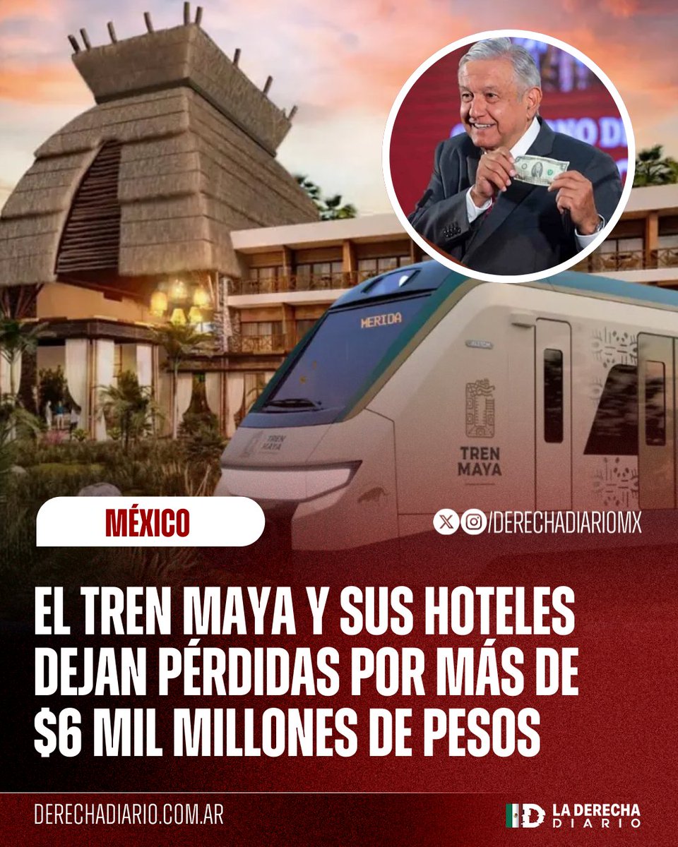 🚨🇲🇽 | CAPRICHO CARÍSIMO E INSERVIBLE: El fracasado Tren Maya de AMLO y los hoteles construidos en su ruta dejaron pérdidas al erario por más de 6 mil 300 millones de pesos en 2025, de acuerdo con datos oficiales.