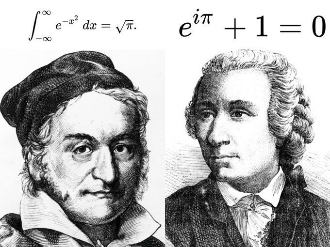 Math_files's tweet photo. Euler’s identity is often called the most beautiful formula in mathematics because it unites five fundamental constants: 0, 1, i, π, and e.   

Equally elegant, and almost mystical in spirit, is Gauss’s integral. Here, π and e are linked not by the imaginary unit, but by infinity itself.  

Gauss believed that anyone who did not quickly grasp Euler’s identity would never become a top mathematician, yet even he did not find his own integral obvious.   

Unlike Euler’s formula, Gauss’s integral has clear practical value. Its function produces the famous bell curve, used to model heights, test scores, measurement errors, and many random processes.   The same curve also appears in everyday tools, such as the Gaussian blur used in image editing.