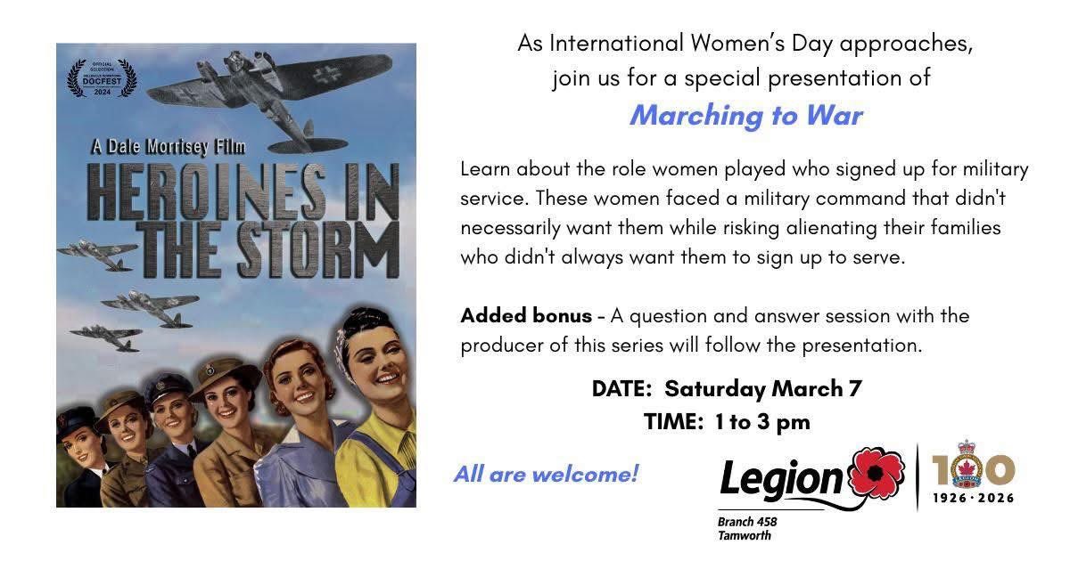 Join us this Saturday for our first public engagement screening <a href="/RCL_DC/">RoyalCanadianLegion</a> Tamworth! #WomensHistoryMonth #WW2 #ww2women <a href="/BTPMPBS/">BTPM PBS</a>
