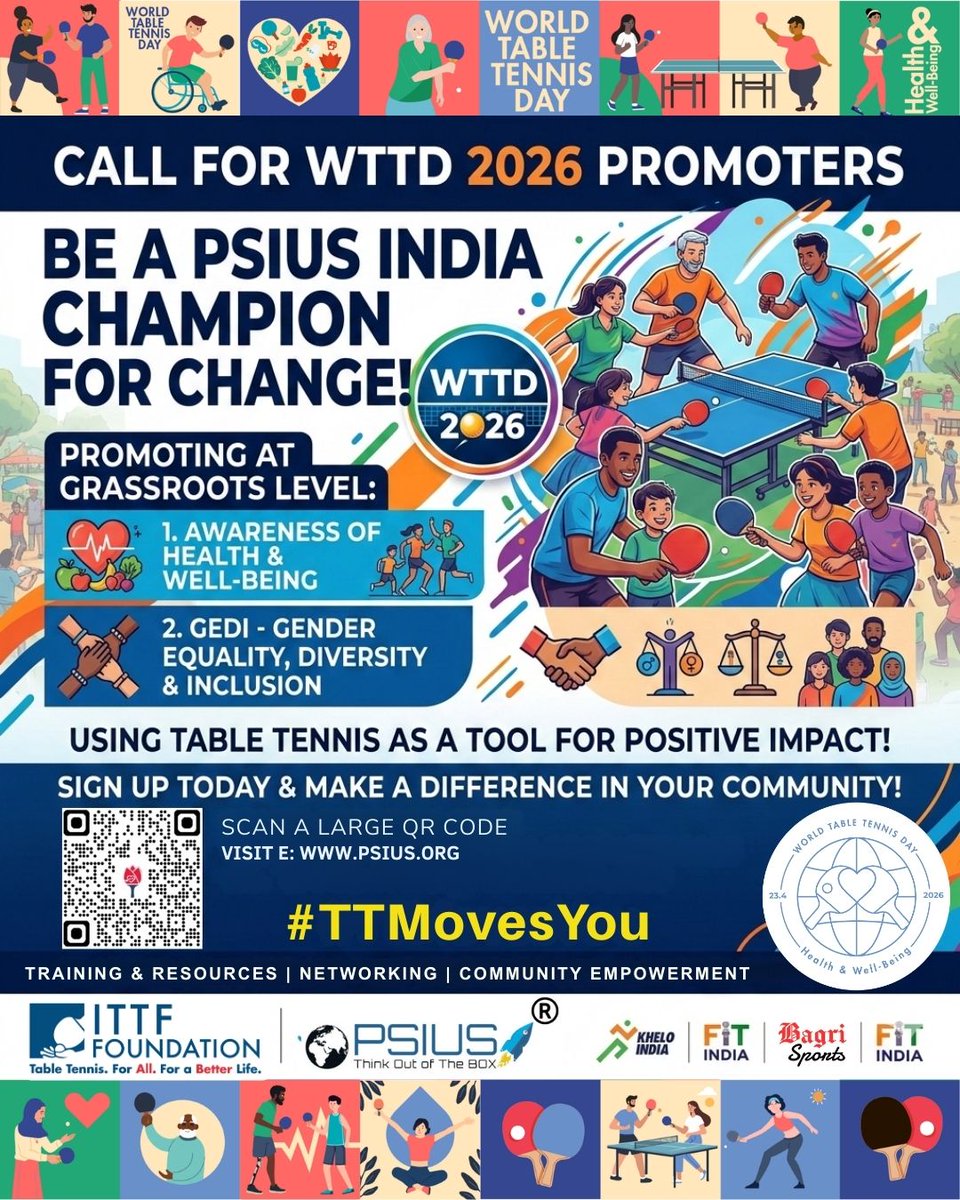 PSIUS360's tweet photo. 🏓 Join the Movement! Help PSIUS India celebrate #WTTD2026! 🌟 We’re looking for Promoters to champion Health &amp; Well-being, &amp; GEDI (Gender Equality, Diversity &amp; Inclusion) at the grassroots using Table Tennis.
Apply now!  https://t.co/eDxKmJ2UTK  

#TTMovesYou #ITTFFoundation https://t.co/8Bacd6yLUI