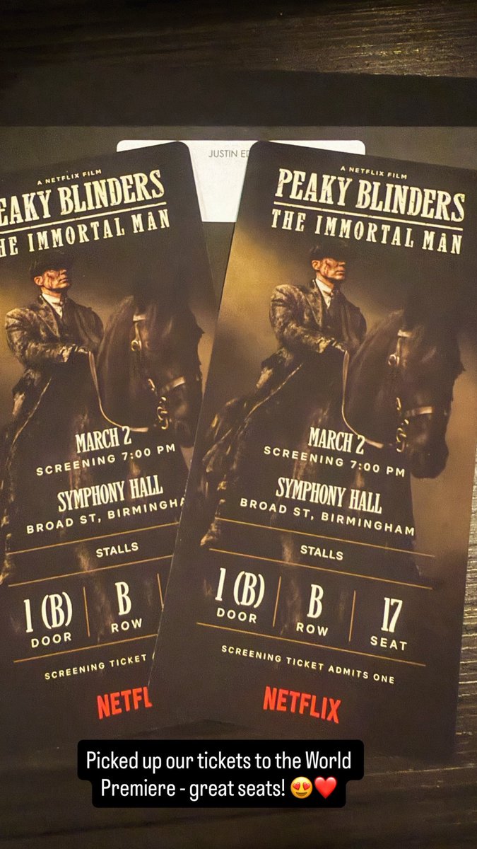 batesyab's tweet photo. Picked up our tickets to the World Premiere in Birmingham tonight of Peaky Blunders - The Immortal Man. Great seats! Can’t wait! 😍❤️ https://t.co/IgviF1rCvu