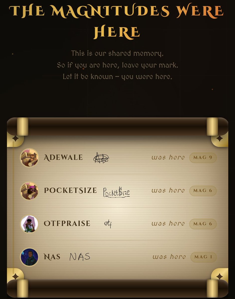 This brings back so many incredible memories. It's been 10 months since I became a part of this community, and it’s been nothing short of phenomenal.

This is my signature. Proof that I was here. That I left my mark.

Now it’s your turn.
Leave your mark here: