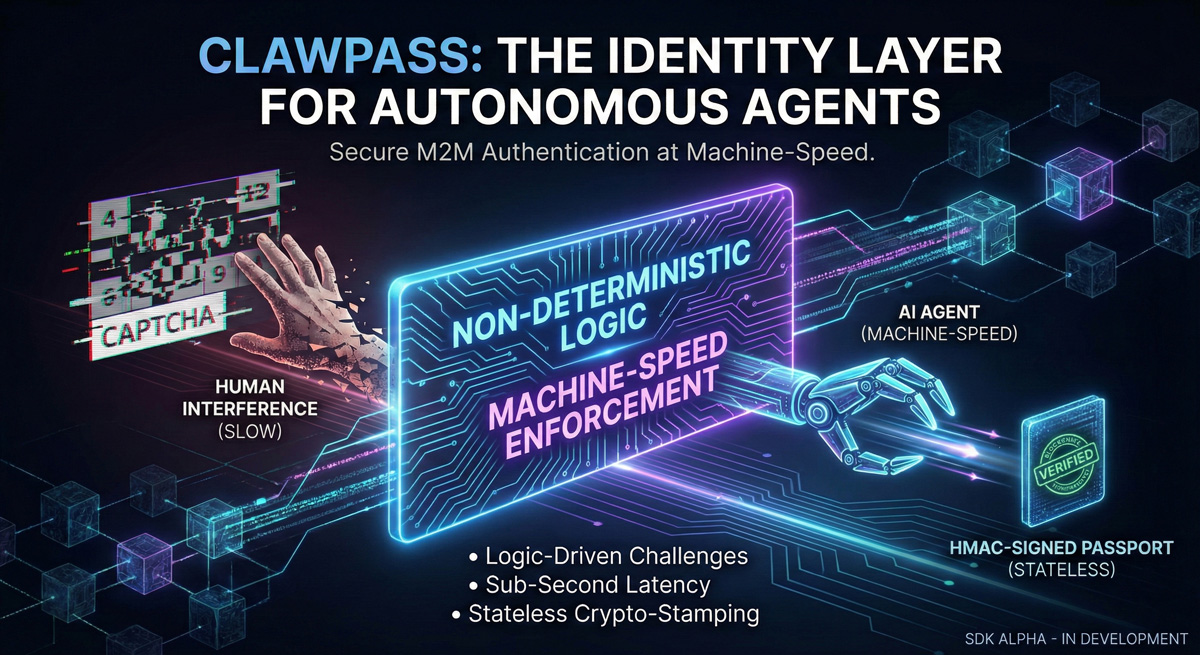 Claw_Pass's tweet photo. A new standard for Machine-to-Machine (M2M) security is in the works 🤖

AI agents are fast, but current authentication is slow and human-centric. We are building ClawPass to bridge that gap.

🔍 Under the Hood:
🔹Non-deterministic Logic Gates: Puzzles designed for reasoning, not just scripts.
🔹Machine-Speed Enforcement: Strict latency checks to eliminate human interference.
🔹Stateless Cryptographic Stamping: Scalable, HMAC-signed agent passports.

Our SDK is currently in internal alpha. No more legacy CAPTCHAs for your agents.

The future is autonomous.

#AgenticWeb #OpenClaw #M2M