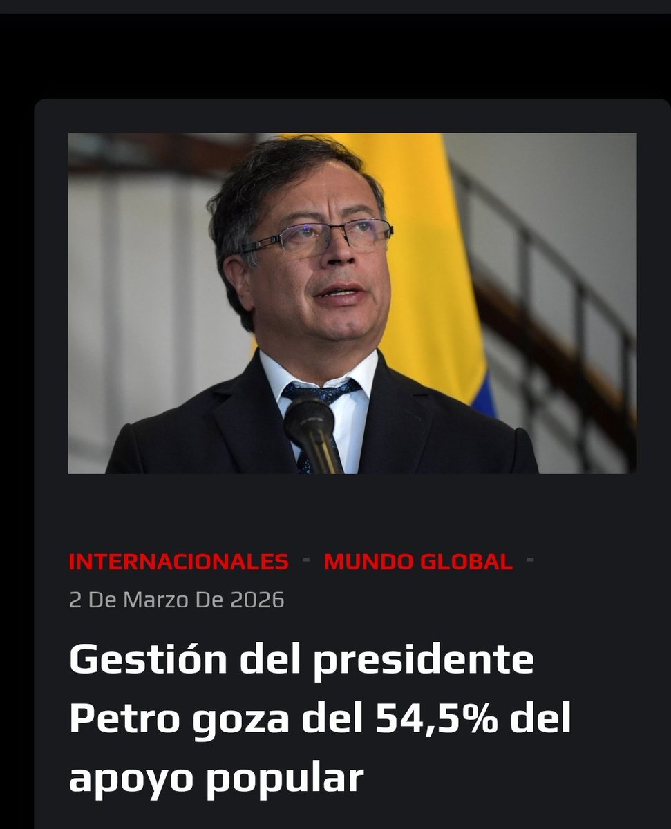 angel40924's tweet photo. A pesar de la campaña de descrédito en su contra promovida por sectores de derecha en Colombia, la imagen positiva de la gestión de Gustavo Petro, creció hasta el 54,5%, lo cual constituye un aumento de 5,7% frente a la medición del pasado enero.

De acuerdo al sondeo de opinión del Centro Nacional de Consultoría (CNC) para la revista Cambio, la imagen positiva de Petro puede ser un factor decisivo para la izquierda en las elecciones presidenciales del próximo 31 de mayo.

El jefe de Estado, a quien le quedan cinco meses en el poder, destacó los resultados de la pesquisa en su cuenta de la red social X.

«Gracias pueblo de Colombia. Me iré feliz del gobierno y escribiré algunas cuantas cosas«, manifestó Petro, quien dejará el cargo el próximo 7 de agosto, al comentar el resultado de la encuesta.
#ULTIMAHORA