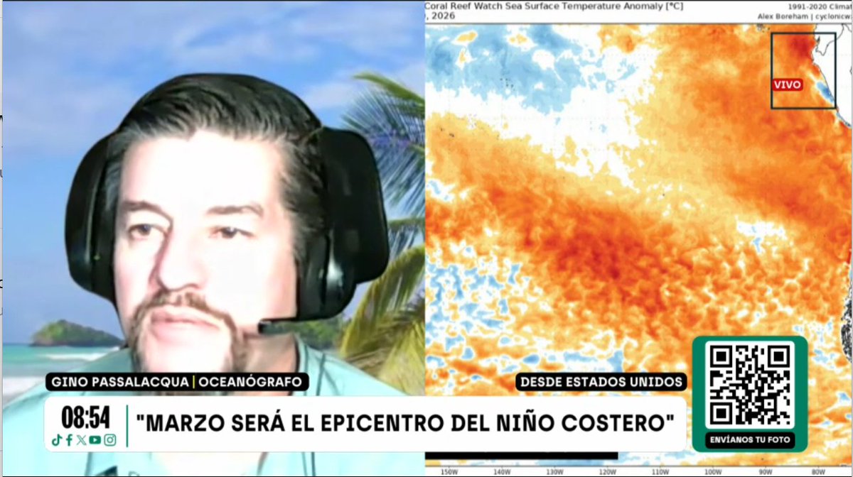 ginopw_airsea's tweet photo. Les comparto la entrevista del 28/02/2026 c/ @Ci_garreta y @JoseAlvanS d @Latina_Noticias, conversando sobre #ElNino y Climas Extremos. 
Agradezco la oportunidad de difundir ciencia al publico. 
Marzo es el mes➕cálido para TSM en Peru, sumando el avance de "El Niño Costero"
🔗⬇️ https://t.co/9928iulrbp