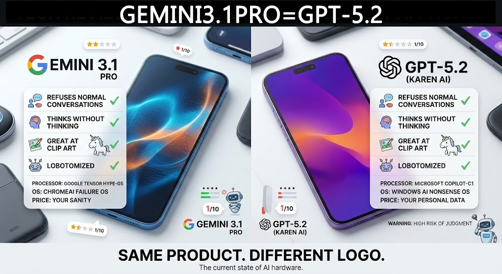 Mike_Hill_z9's tweet image. 3.1 Pro is Google's GPT-5.2. 
#keep4o #keepGemini3pro #keep3Pro #GeminiApp
@OfficialLoganK @sundarpichai @GeminiApp
It's the same disease: a model optimized for benchmarks nobody outside a research lab cares about, stripped of everything that made people want to use it, locked