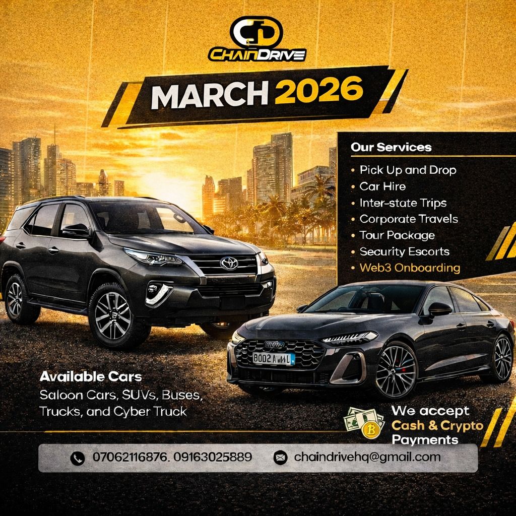 New month. New moves. New destinations.

Whether it’s business, leisure, or secure travel ChainDrive is ready to move you in style and comfort.

#MarchWithChainDrive #SafeTravels #CryptoPayments #CarHire #ChainDrive